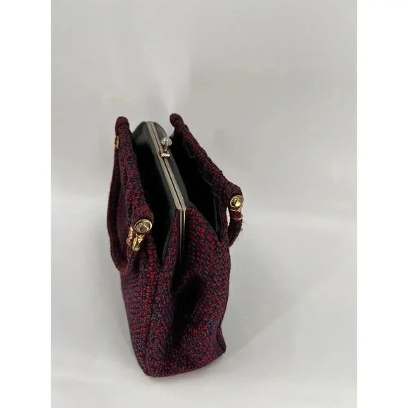 Vintage 50's Wool Red/Blue Tweed Handbag Double Handle Snap Clasp 8" X 12" x 4" - Picture 6 of 13